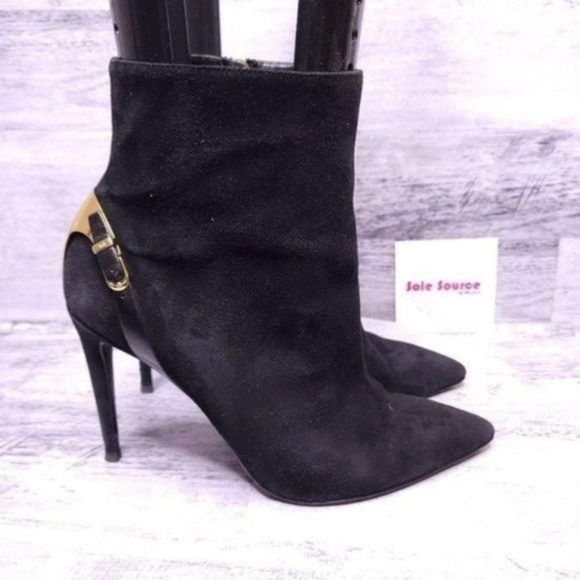 Ralph Lauren Collection Italian Suede Heeled Ankle Boot Black Gold Women's sz 10 - Picture 1 of 12